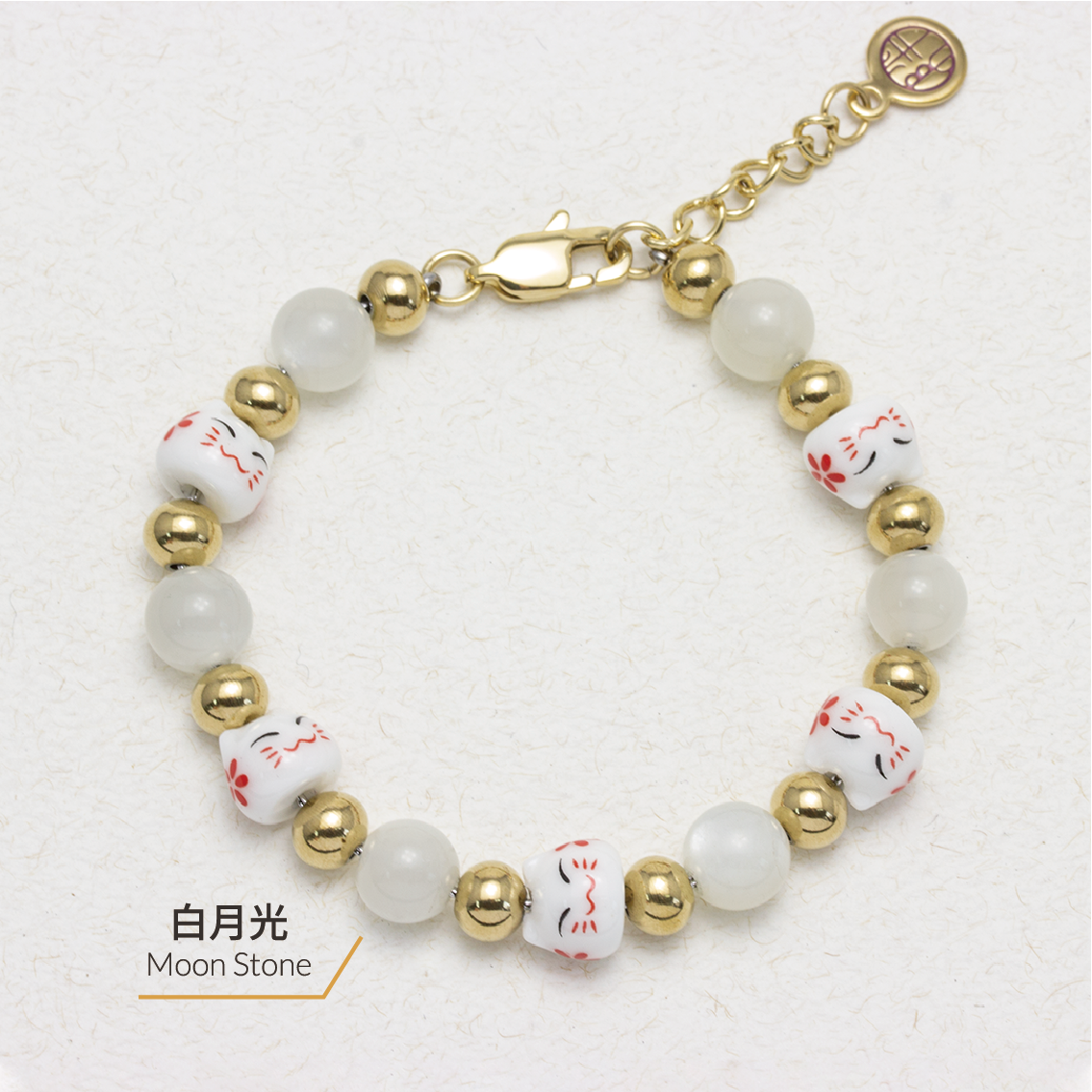 Maneki Moon Stone Stainless Steel Bracelet - Lucky Neko