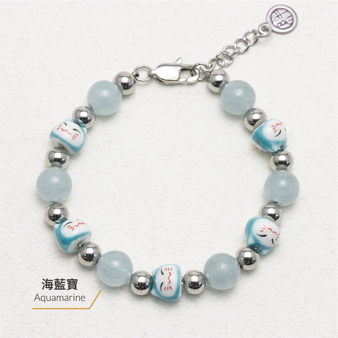 Maneki Aquamarine Stainless Steel Bracelet - Study Neko