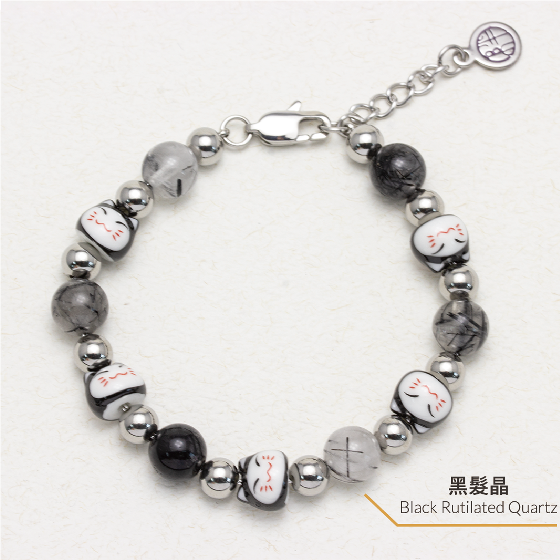 Maneki Black Rutilated Quartz Stainless Steel Bracelet - Amulet Neko