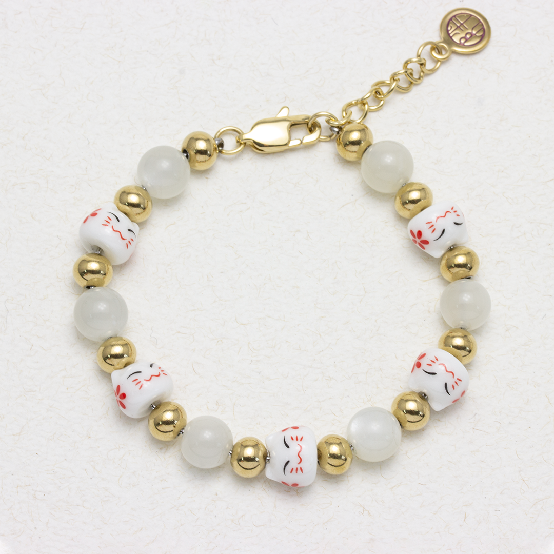 Maneki Moon Stone Stainless Steel Bracelet - Lucky Neko