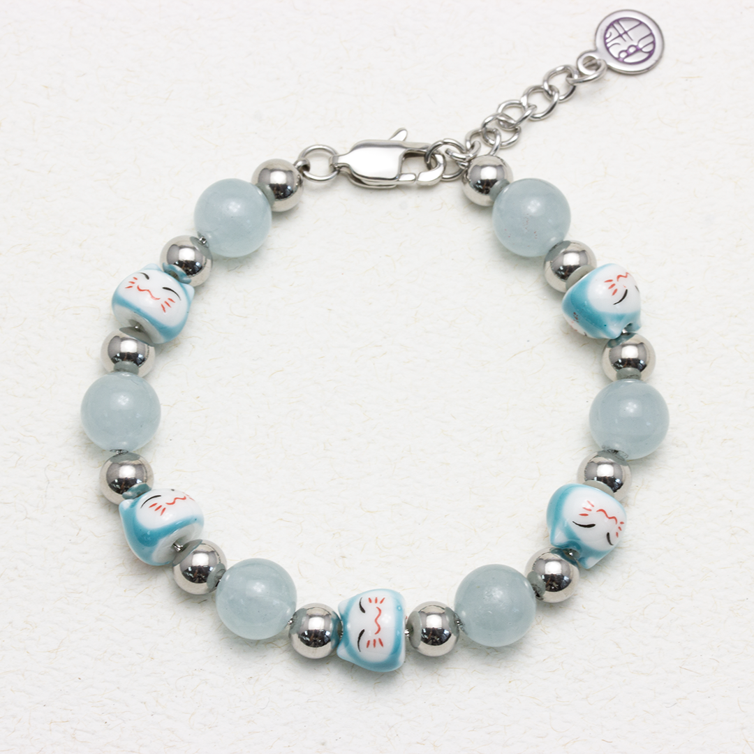 Maneki Aquamarine Stainless Steel Bracelet - Study Neko