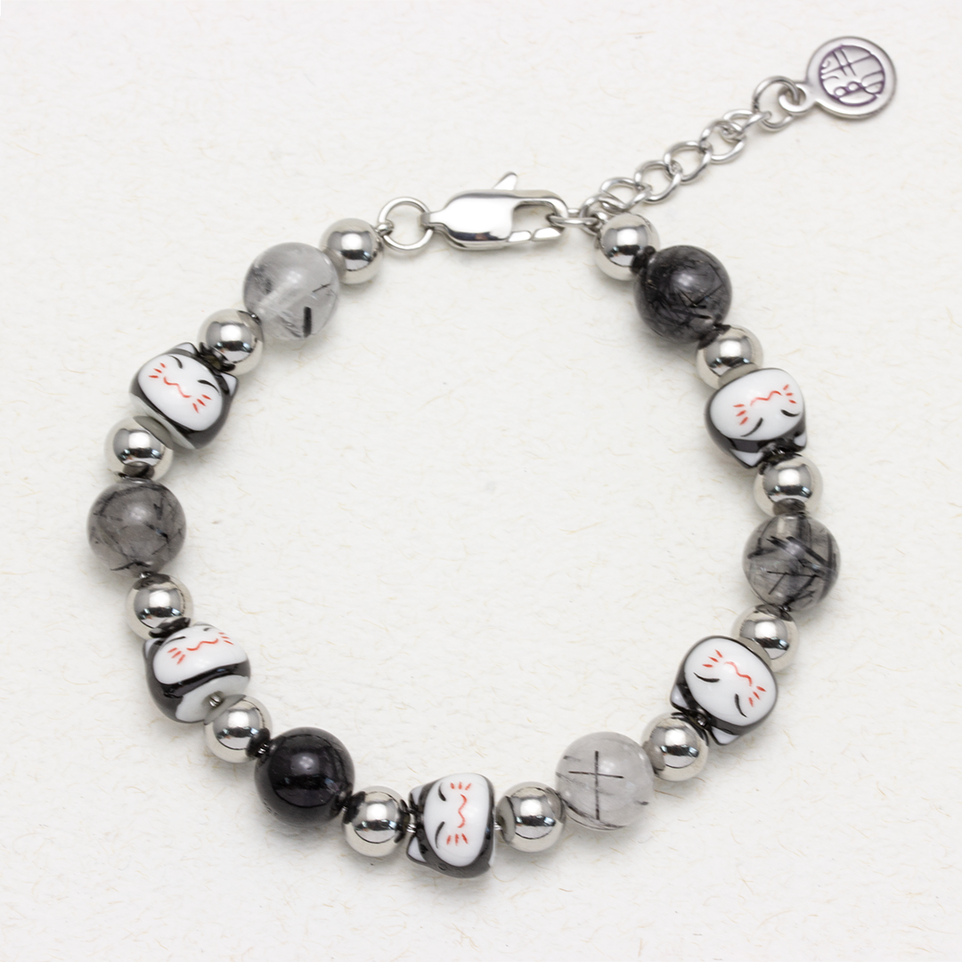 Maneki Black Rutilated Quartz Stainless Steel Bracelet - Amulet Neko