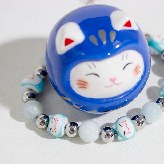 Maneki Aquamarine Stainless Steel Bracelet - Study Neko