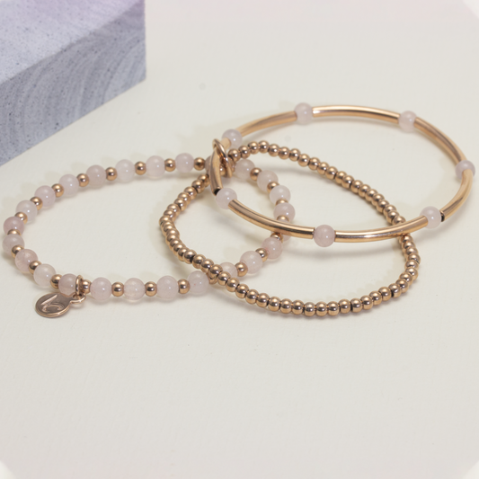 Three-in-one Rose Quartz Bead Bracelet - Rose gold