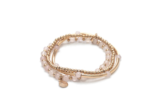 Three-in-one Rose Quartz Bead Bracelet - Rose gold